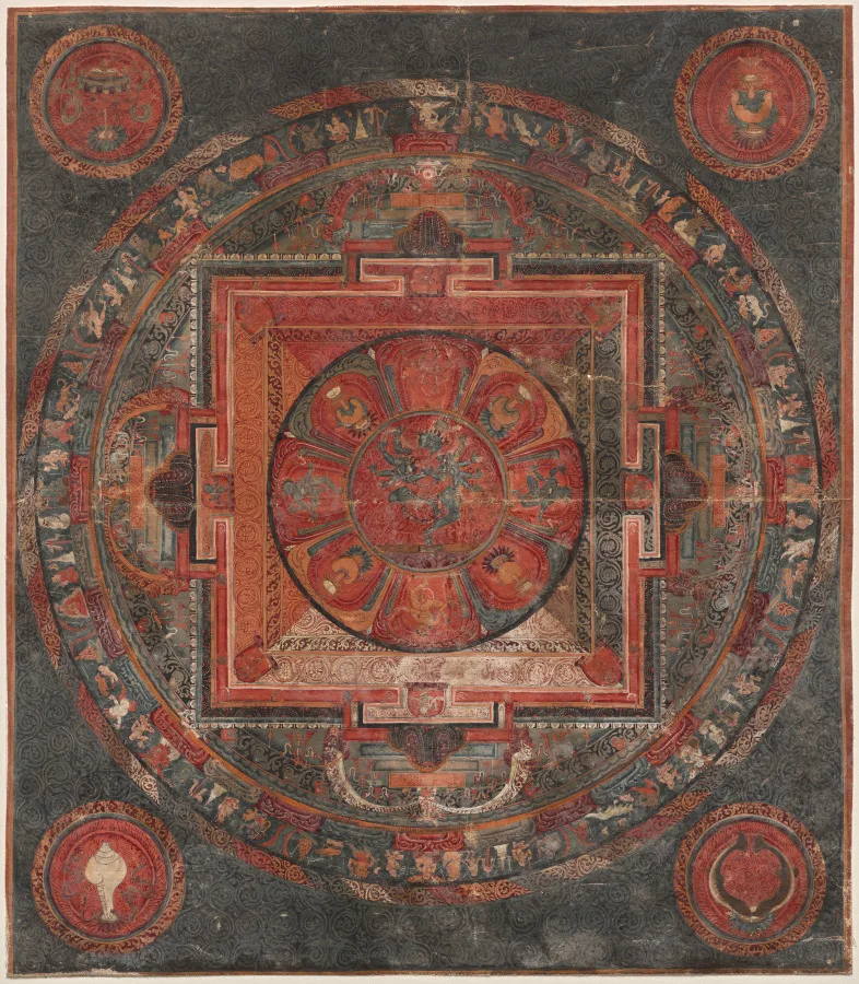 Mandala of Cakrasaṃvara and Vajravārāhī Ringed by Eight Charnel Grounds — The Cleveland Museum of Art (1960.211)