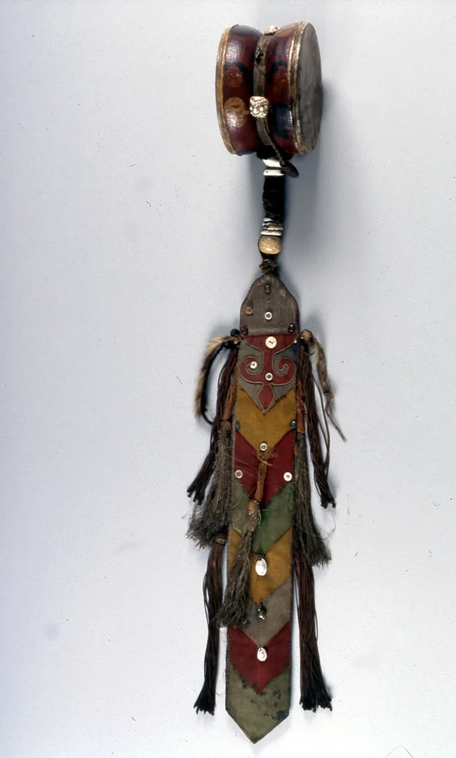 Tibetan Two-Headed Ritual Hand Drum (Ḍamaru) with Five-Color Brocade Banner — The Walters Art Museum (73.144)