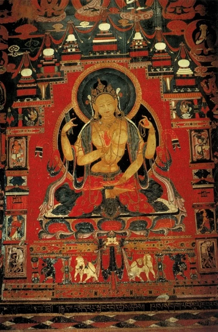 Four-Armed Golden Prajñāpāramitā Enshrined Beneath Eight Stupas at Tholing — Tholing Monastery Mural Archive · Public Domain