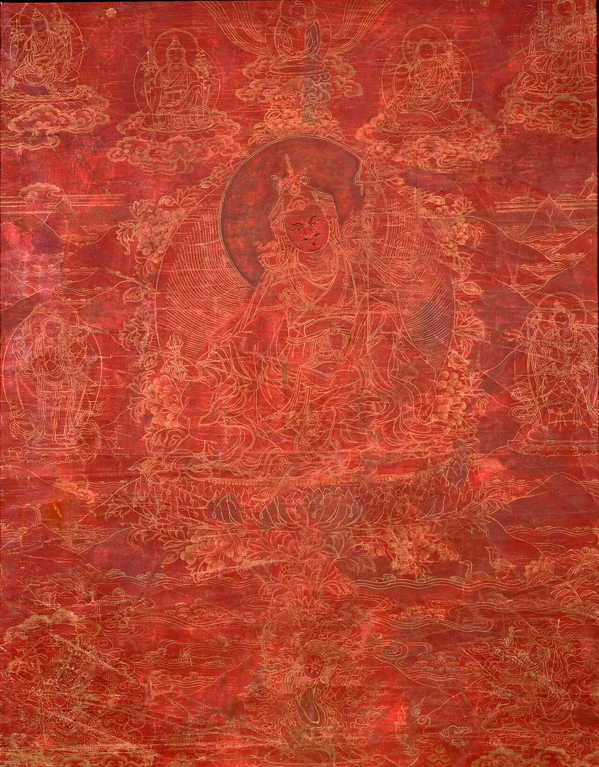 Cinnabar-Ground Gold-Line Thangka of Guru Padmasambhava — Rubin Museum of Art · Google Art Project