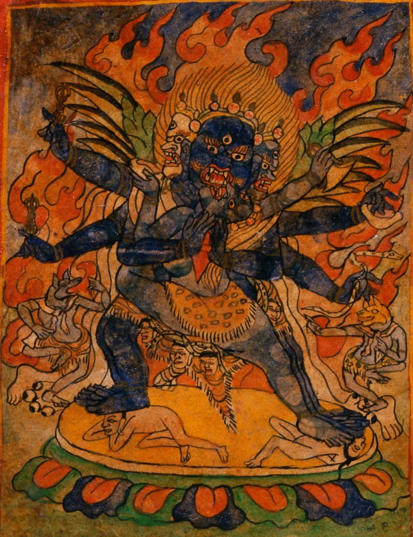 Winged Three-Faced, Six-Armed Vajrakīlaya (Vajrakumāra) in Yab-Yum Rolling the Phurba — Los Angeles County Museum of Art (AC1998.253.6)